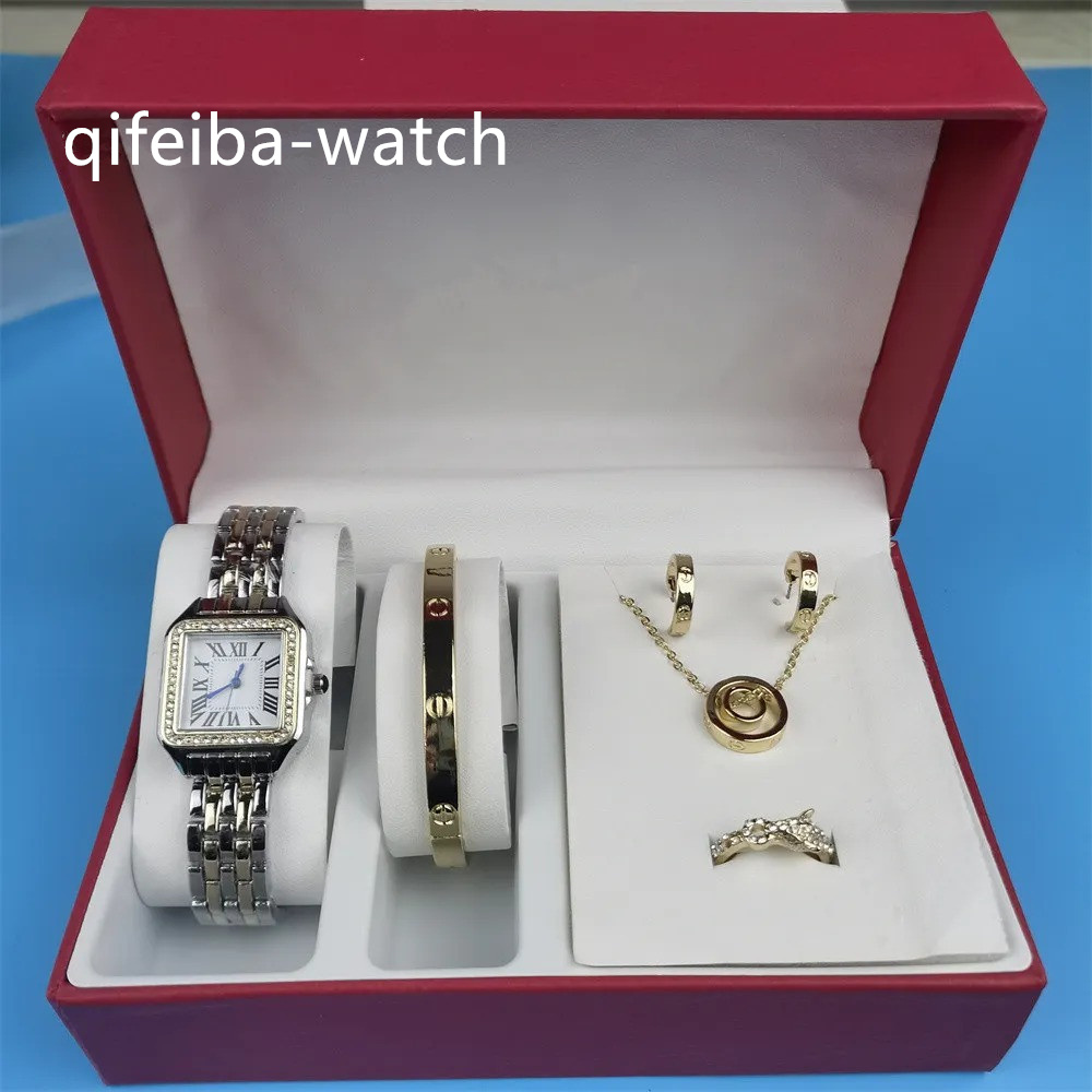 2026 Fashion Women Circular Watches Ladies Black White Leather Metal Quartz Watches Womans Necklace Earrings Bracelet Wrist Watch Luxury Designer Gift Box 6PCS Set