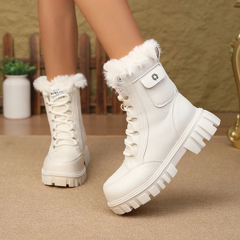 Winter Womens Wedge Heel Snow Boots Thick Sole FleeceLined LaceUp Side Zipper MidCalf 251121