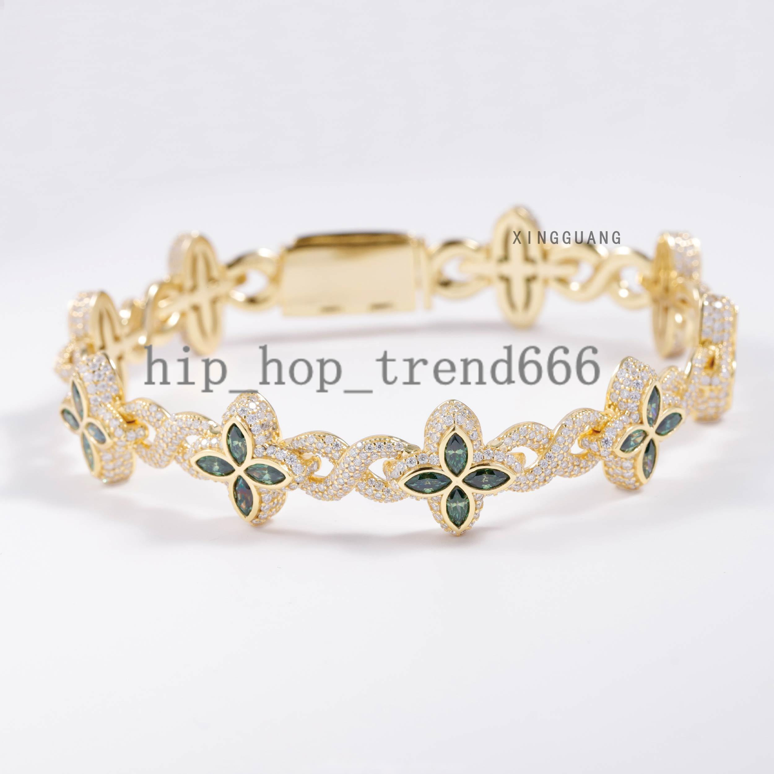 Hot Sale Women Fine pink Green Diamonds Moissanite Clover Charms Infinity Cuban Links Bracelet 925 Silver Cuban Chain Jewelry