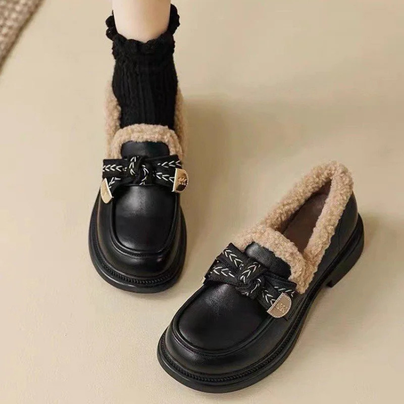 Womens Winter Loafers Fur Lined Slip On Chunky Flat Shoes British Style Casual SlipOn Flats 251121