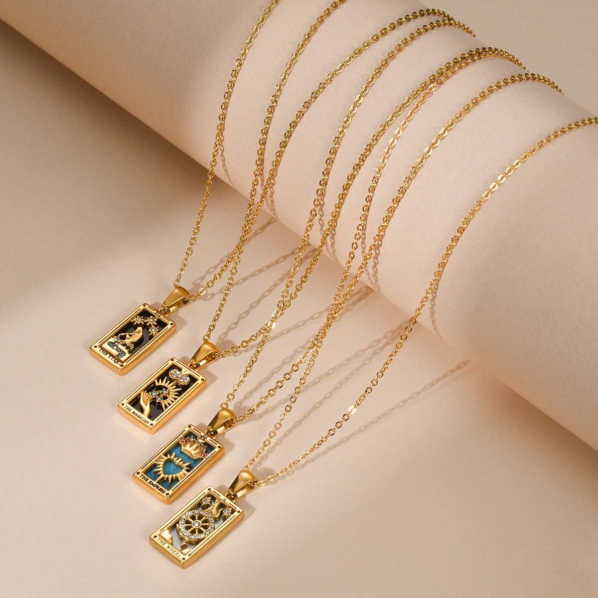 Highly praised hot item electroplated real gold tarot with dia drip oil square card stainless steel necklace