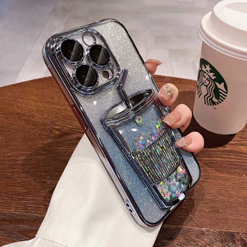 Flowing Sand 3D Drink Cup Phone Case | Sparkling Glitter Design | Shockproof & Stylish | For iPhone 16/15/14 Pro Max, Samsung S24 Ultra/S23/S22 2025