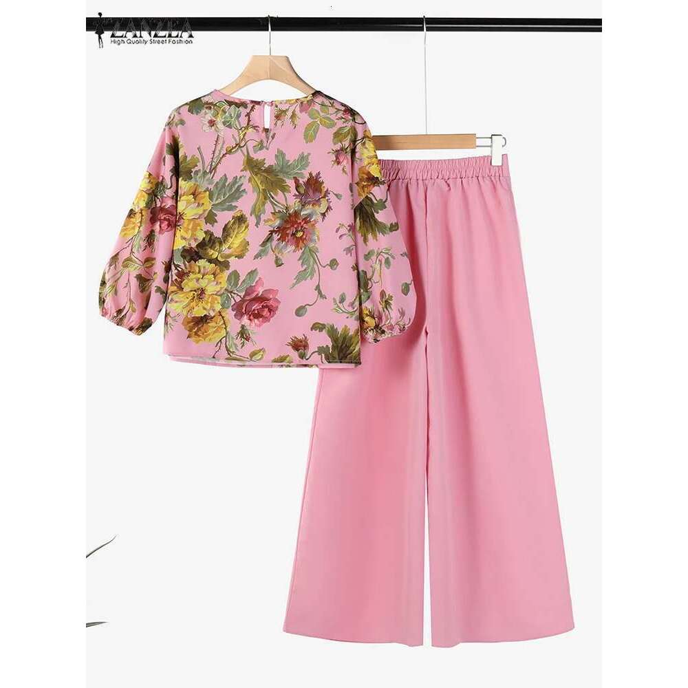 Designer Clothing Designer Clothing ZANZEA Spring 2Pcs Outfits Women Pant Sets 3/4 Sleeve Ral Printed Blouse Loose Trousers Suits Elegant Work Tracksu