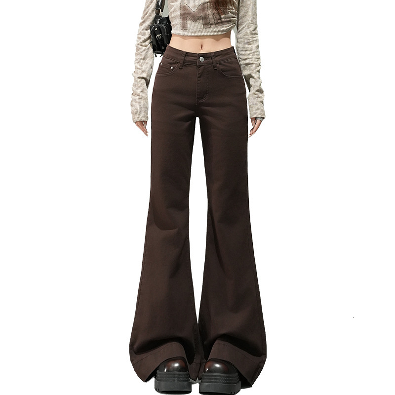 Designer luxury Brown Flared Fleece-Lined Jeans for Women, Autumn/Winter 2025, Stretchy, Pear-Shaped Body, Loose Wide-Leg Pants