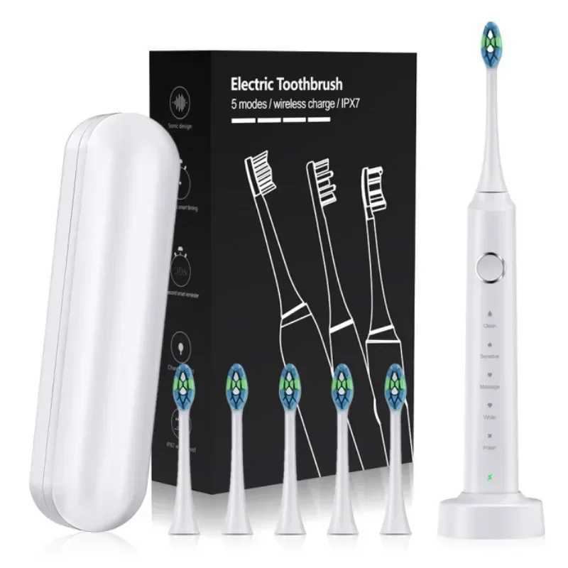 Electric Toothbrush USB Rechargeable Dental Electric Brush Automatic Ultrasonic IPX7 Waterpoof Toothbrush with 6 Brush Heads C251121