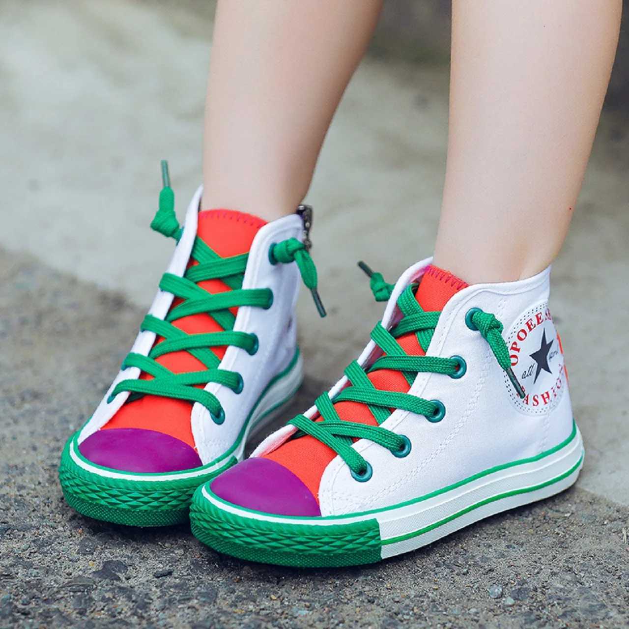 Opoee Childrens Shoe Wholesale 2023 Spring Boys and Girls Board Shoes Korean Edition Colored Fashion Mid Top Childrens CanvaW251121