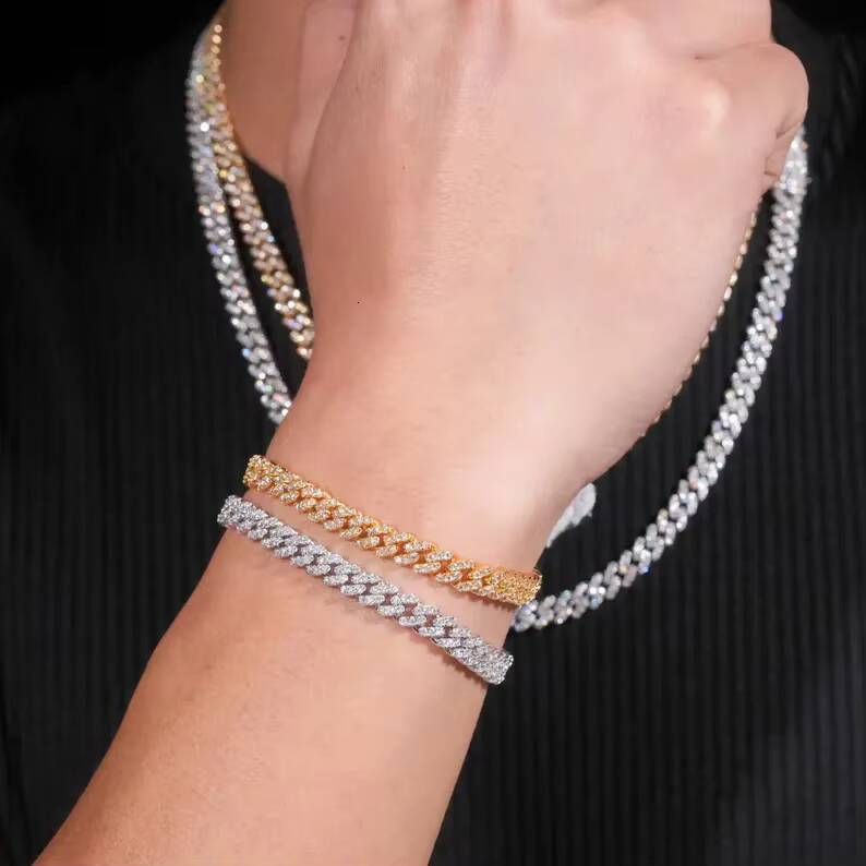 Hip Hop Jewelry Moissanite Bracelet and Necklace 925 Sterling Silver Pass Diamond Test Iced Out 6mm Pill Cuban Link Chain