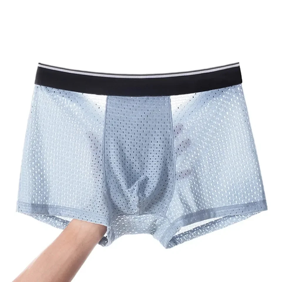 Sexy silk mens underwear mesh pattern breathable hole shorts and bag satin brief 250417
