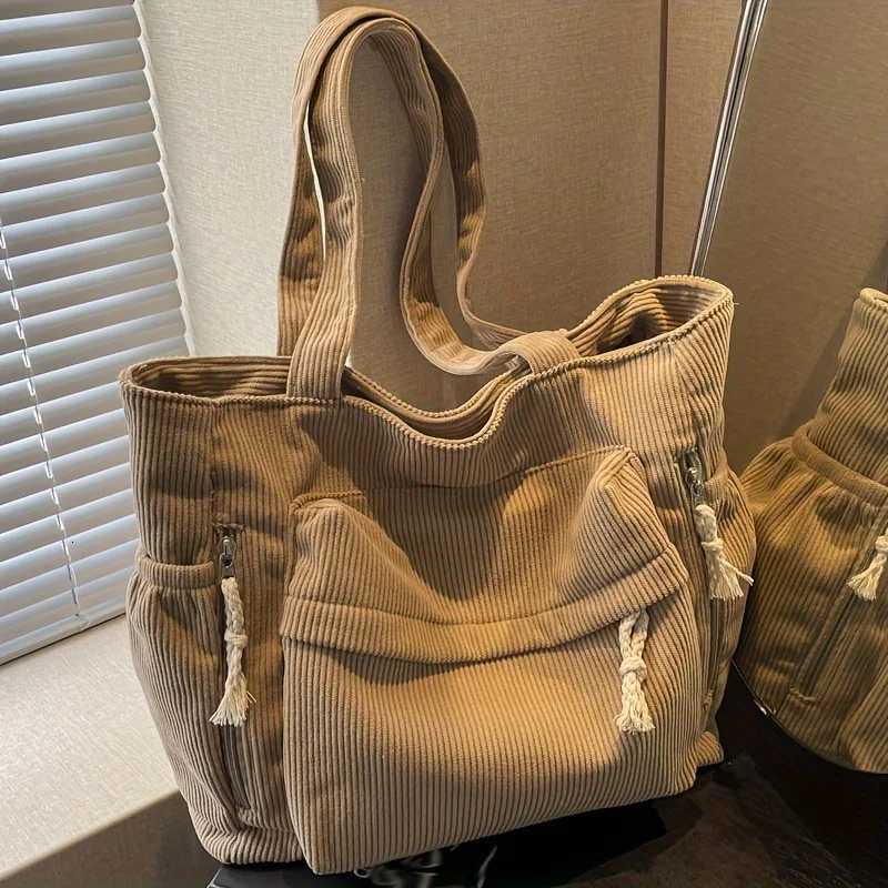 Corduroy Tote Bag with Multiple Pockets Casual Chic Handbag Women Shoulder Bags for Woman Perfect for Shopping Commuting TravelT251121