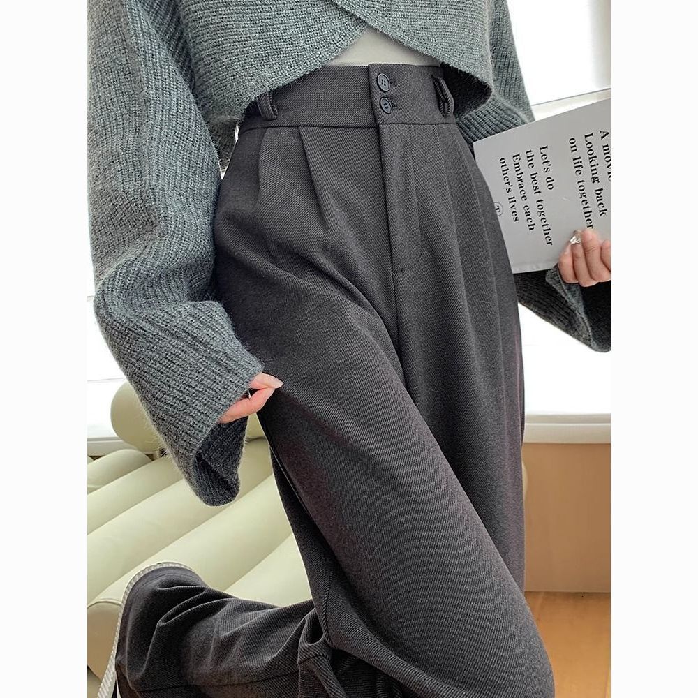 Designer luxury Gray Woolen Suit Pants for Women, Autumn Winter 2025 New High Waist Fleece Narrow Version Petite Loose Straight Wide Leg Pants