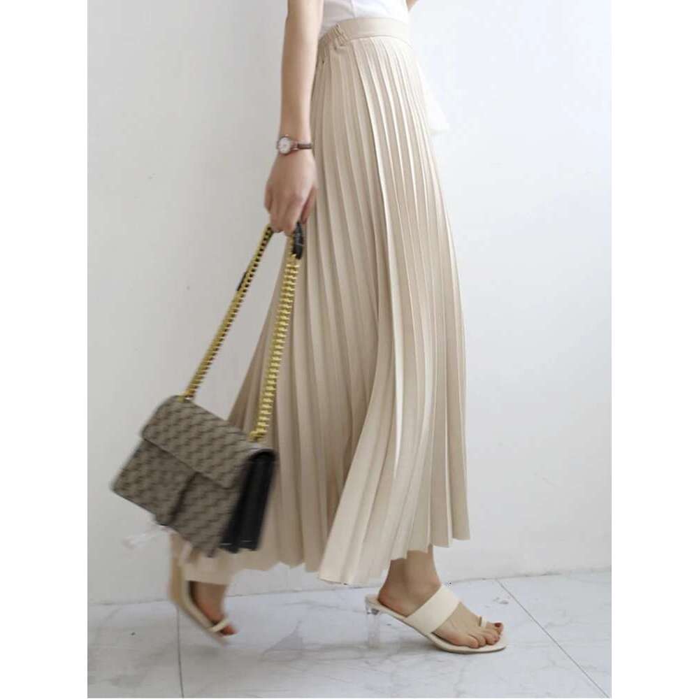 Brand Designer Women Spring Autumn Elegant Chic Solid Pleated Skirt High Waist Fashion With Elastic Female C-035