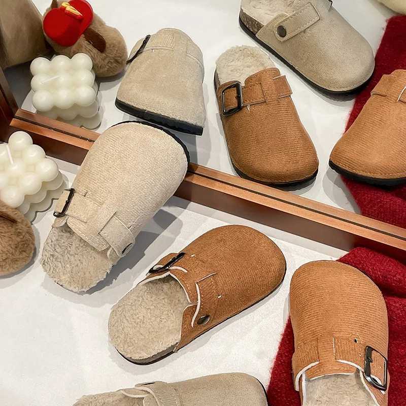 2025 Boys Girls Winter Warm Plush Cork Footbed Fur Clogs Slippers Lady Furry House Flats Cotton SlippersW251121