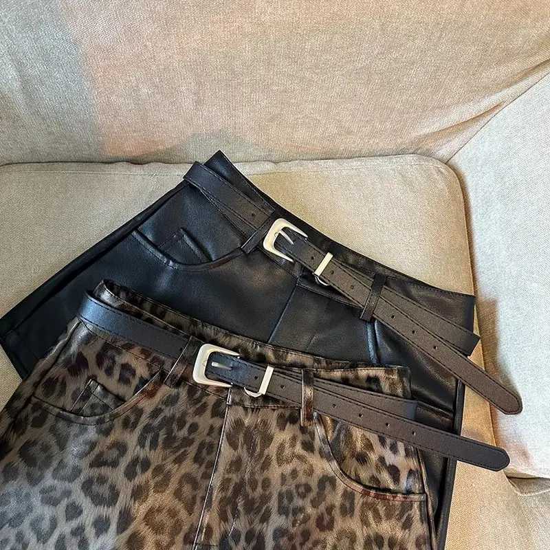 2025 New Womens Retro Leopard PU Leather Shorts High Waist Wide Leg Shorts Casual A-line Hot Pants M250421