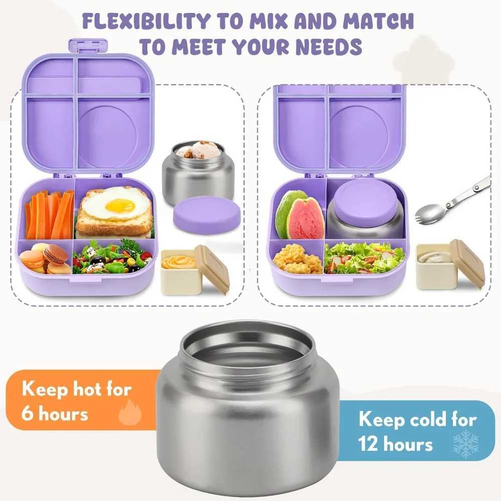 4-Compartment Bento Lunch Box with 12oz Soup Thermos Leak-Proof Insulated Food Container for Travel Work PurpleM251121