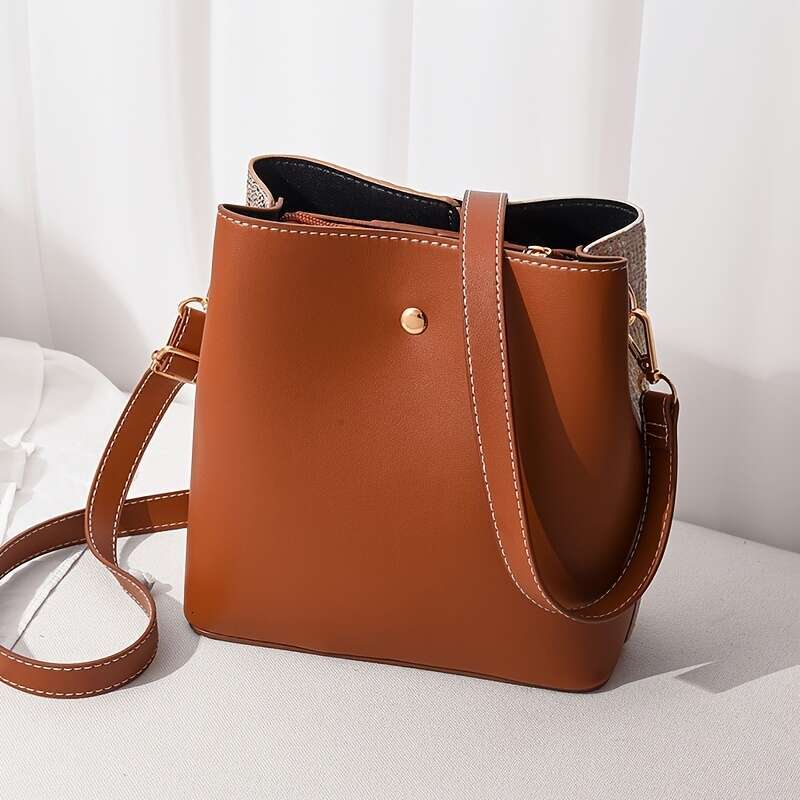 1 Piece Women's Two-Tone Synthetic Leather Bag with Detachable Shoulder Zipper Closure Elegant Textured Design Suitable for Work and Commuting - 