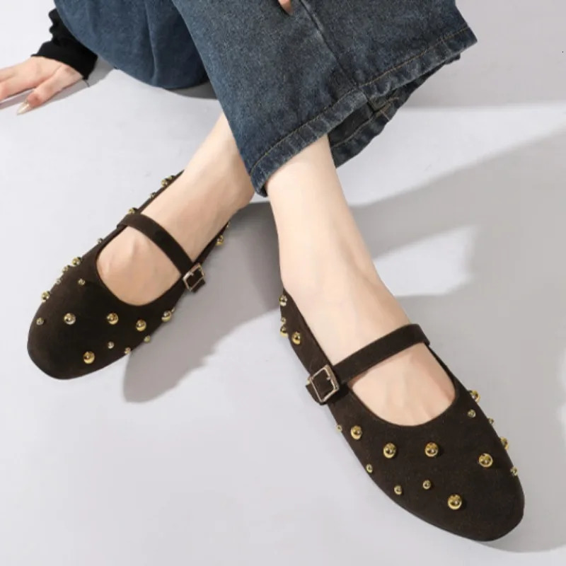 Summer Mary Jane Shoes for Women Fashion Rivet Suede Classic Retro Brown Casual Soft Bottom Comfortable Ladies Flats 251121