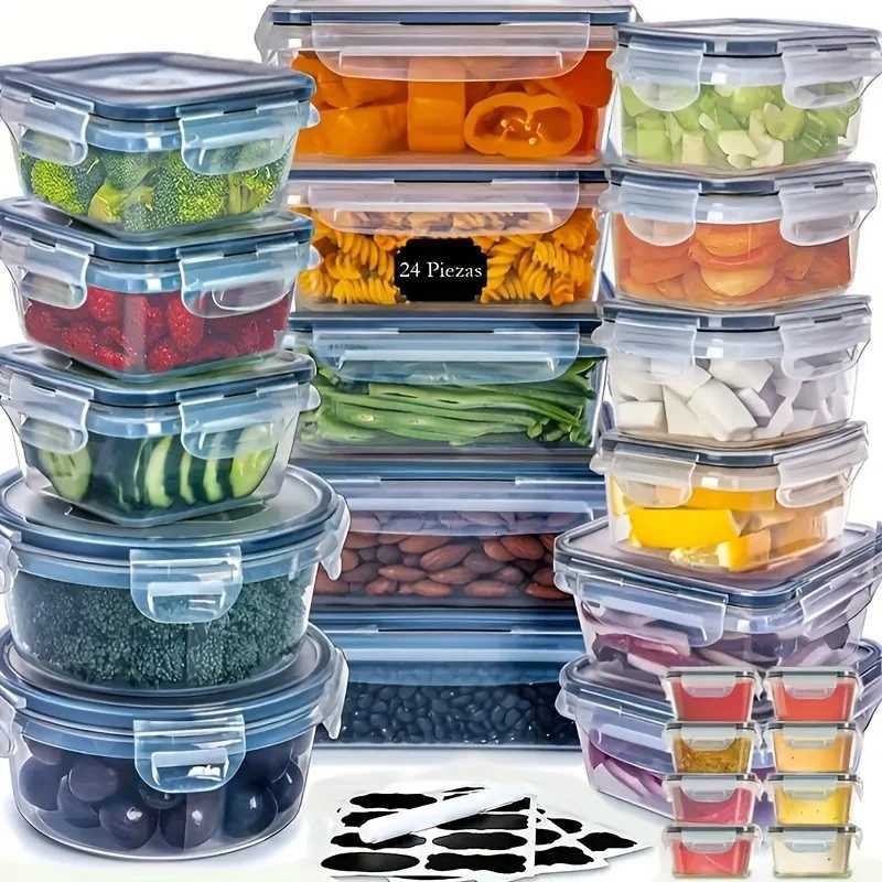 12/24 Clear Kitchen Food Storage Container Set - Microwave Safe Multifunctional Plastic Lunch Box with Lid 24 Chalkboard LabelsM251121