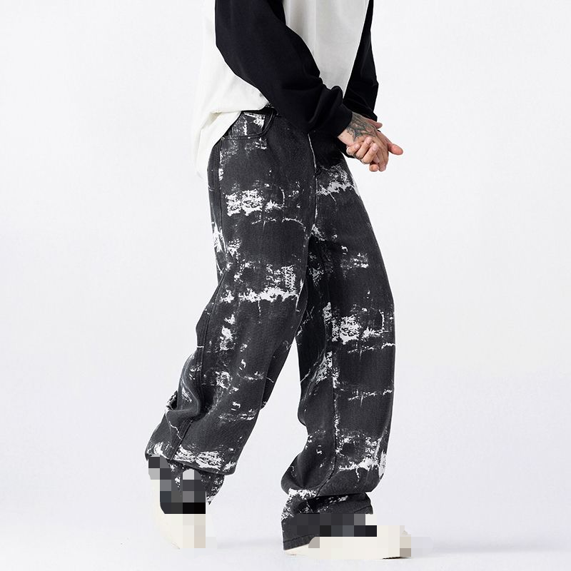 A classic, light luxury, high street style black loose wide-leg jeans for men in the 2025 autumn/winter collection---C209