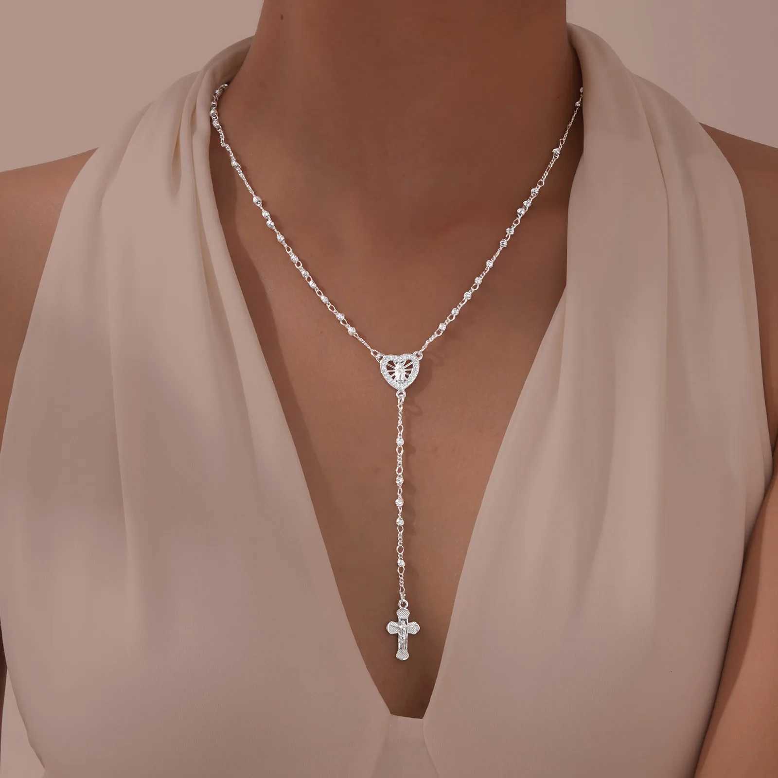 Zirconia Heart Virgin Mary Rosary Bead Cross Necklace for Women Long Chain Cross Pendant Christian Catholic Religious JewelryXJ251121