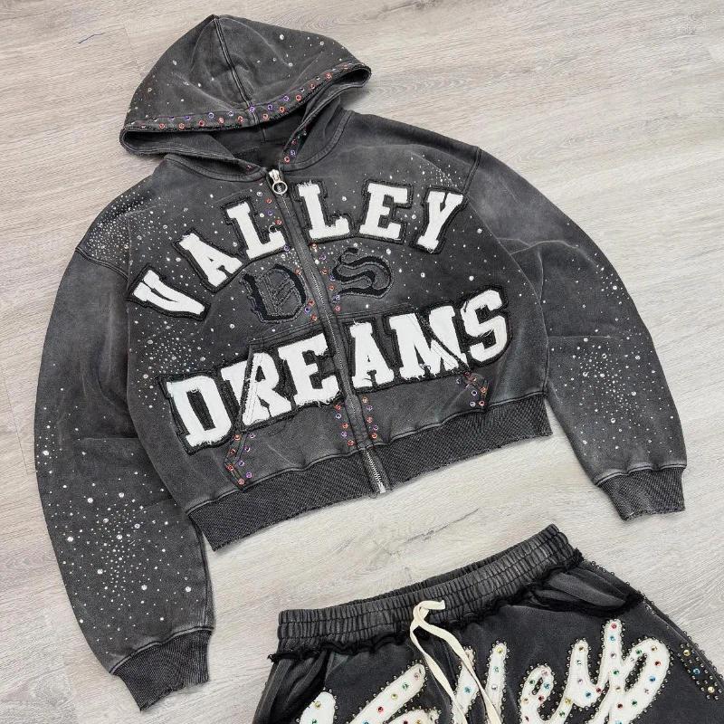 Women's Pants Vintage Washed Valley Dreams Tracksuit - Embroidered Zip-Up Hoodie & Studded Shorts Set Y2K Streetwear Two-Piece Distressed Bl Z260