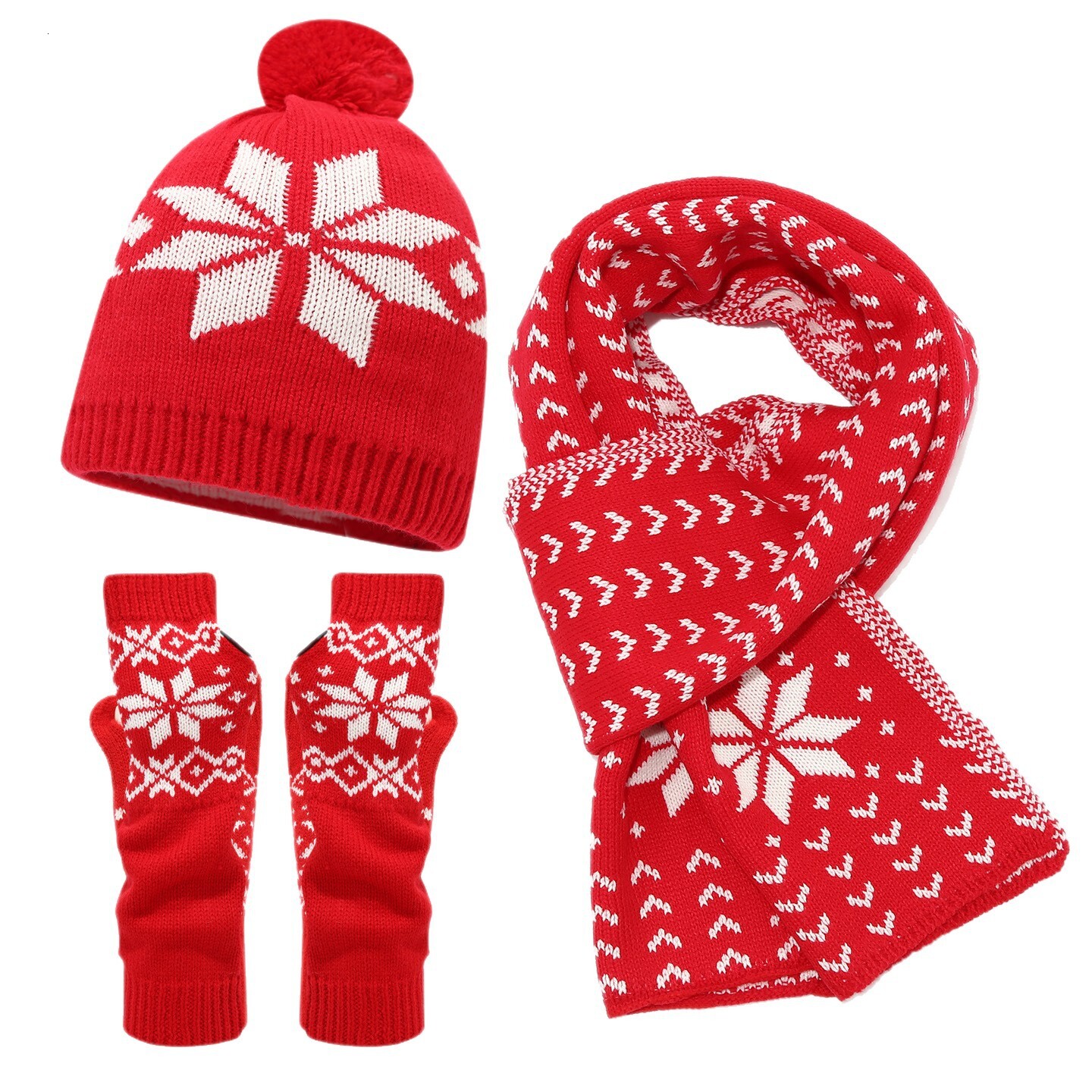 Warm hat and scarf set Three-Piece Set for Women and Men Winter Christmas Snowflake Pattern Knitted Hat Scarf Gloves Cold-Proof Trendy free shipping