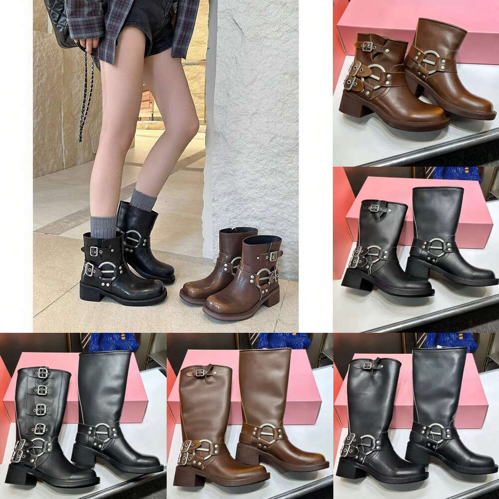 TOP luxury Designer womens Autumn winter Short High with Metal Buckle Vintage Style Winter Thick Heeled moto boot shoe square toe calfskin leather cool Knight Boots