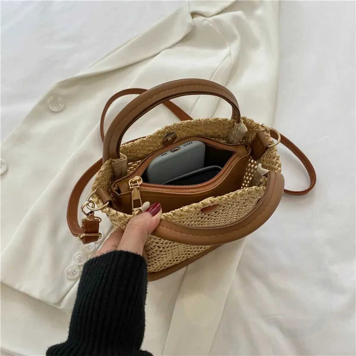 Woven Beach Bag for Women Boho Crochet Crossbody Purse with Detachable Chain Strap - Summer Lightweight Tote bagT251121