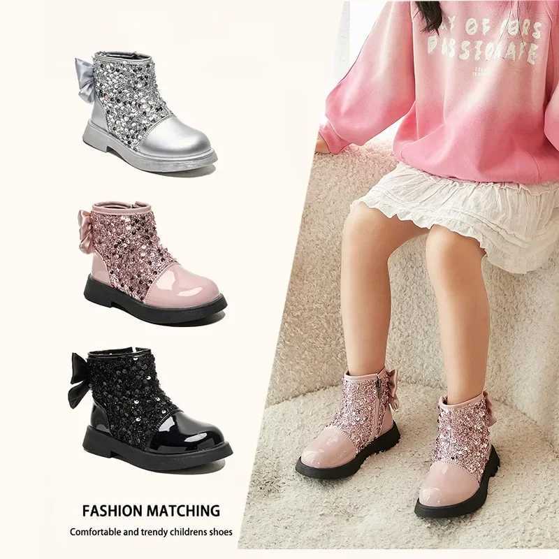 2024 Children Short Boots for Girls Autuumn Winter New Fashion Korean Style Princess Bowtie Party Outside Versatile Leather ShoeW251121
