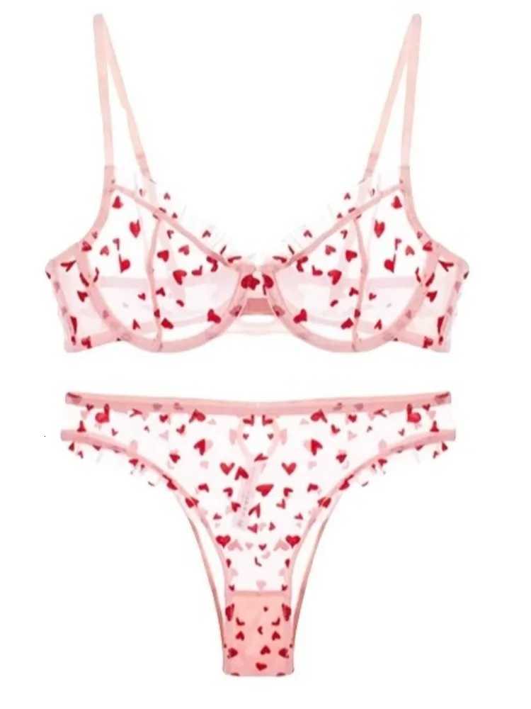 YUQI Chic Heart Lace Push-Up Bra Set Small Bust Enhancer Anti-Sagging Mesh Underwear Womens French Style Lingerie KitXJ251106