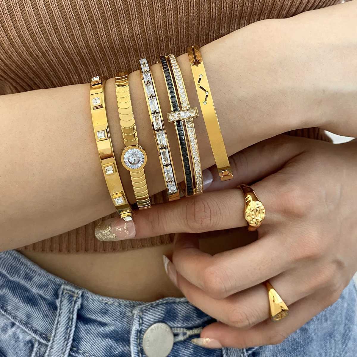 Flashbuy New Trendy Chic Zircon Stainless Steel Bangle Bracelets for Women Charm Texture Simple Gold Color Accessories Teen GiftW251121