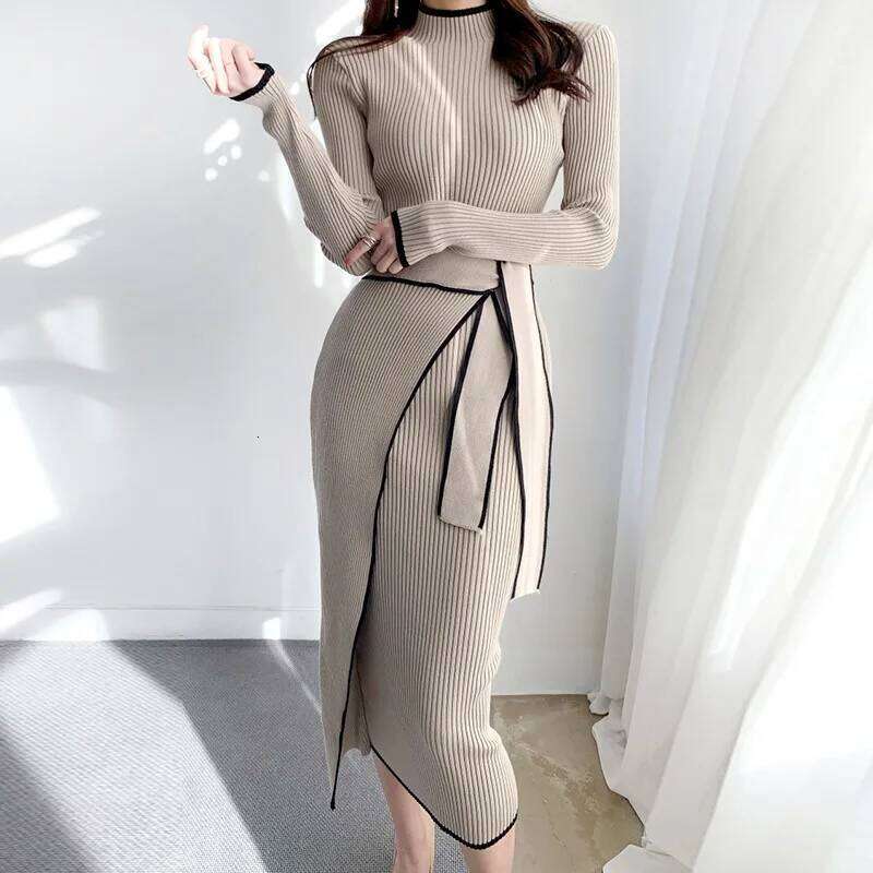 Elegant Lace Up Turtleneck Knitted Long Korean Fashion Khaki Black Rib Bandage Bodycon Sweater Dress Robe Femme