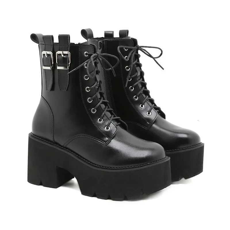 2025 Women Ankle Boots Platform Square High Heel Ladies Motorcycle Boots Patent PU Leather Side Zipper Women Lace Up Boot Black H251121
