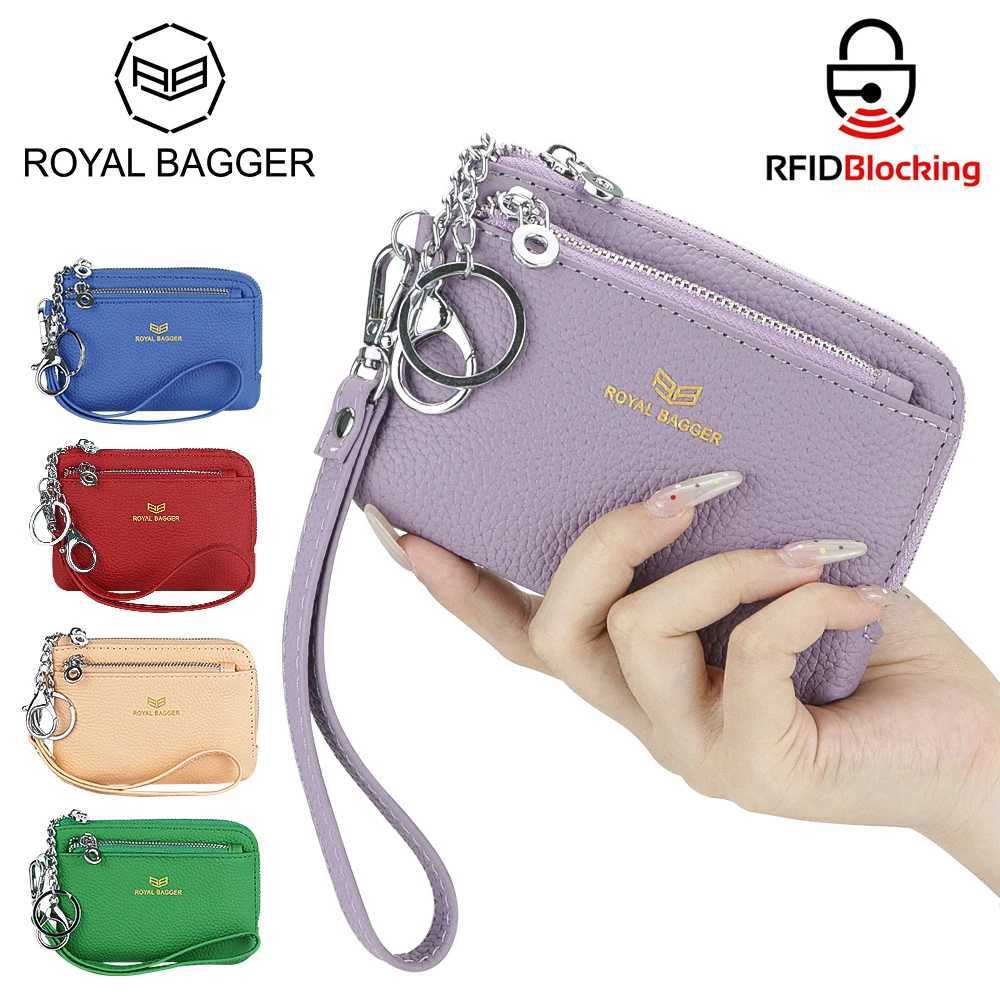 Royal Bagger RFID coin wallet with keychain leather multi zipper clutch wallet portable wrist card holder W250419