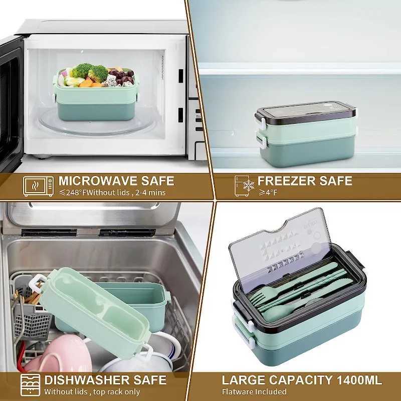 2025 New 1400ml Lunch Box Double Layer Microwave Safe Portable Food Container with Utensils for Picnic Office School UseM251121