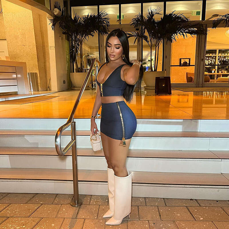 hoodie Women's Wear Spring/Summer Women's New Fashion Trendy Sexy Low Cut Tank Top Solid Color Hip Wrap Zipper Short Skirt Set jacket