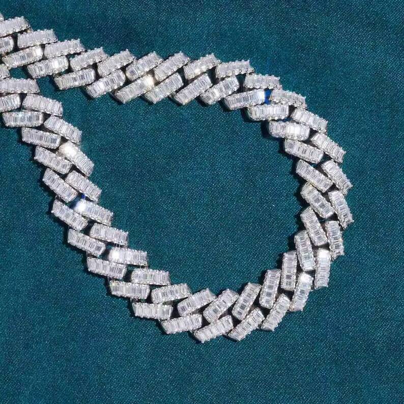 Hip Hop Jewelry Moissanite Baguette Cuban Chain VVS Diamond Pendant Necklace Iced Out Moissanite Cuban Chain Silver 925
