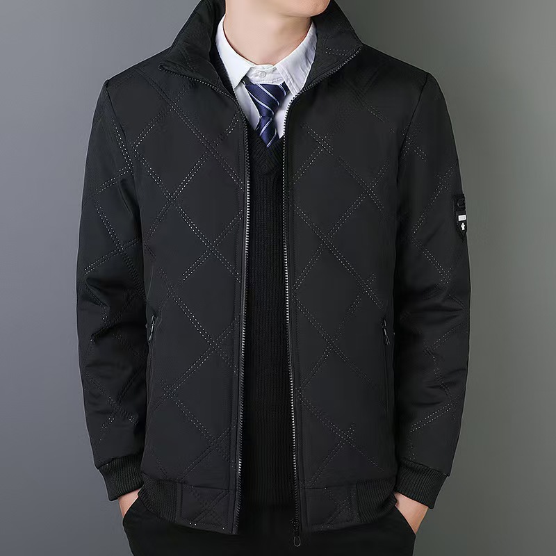 New men's autumn and winter collar and velvet diamond lattice warm cotton-padded coat