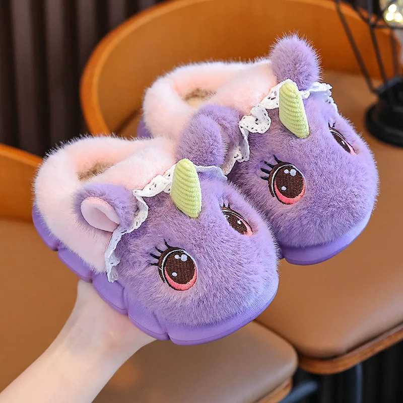 Winter Girls Slippers Cute cartoon Fluffy CHIldren Slippers Plush Warm Soft Sole Kids Indoor Cotton ShoesW251121