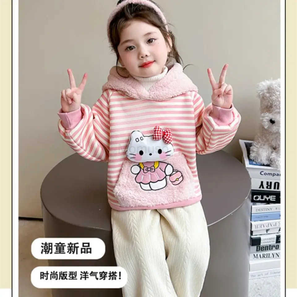 Sanrio Hello Kitty Girls Autumn and Winter Sweatshirt New Striped Cat Fleece Top Fashionable and Sweet Cartoon Hooded Sweatshirt H251121