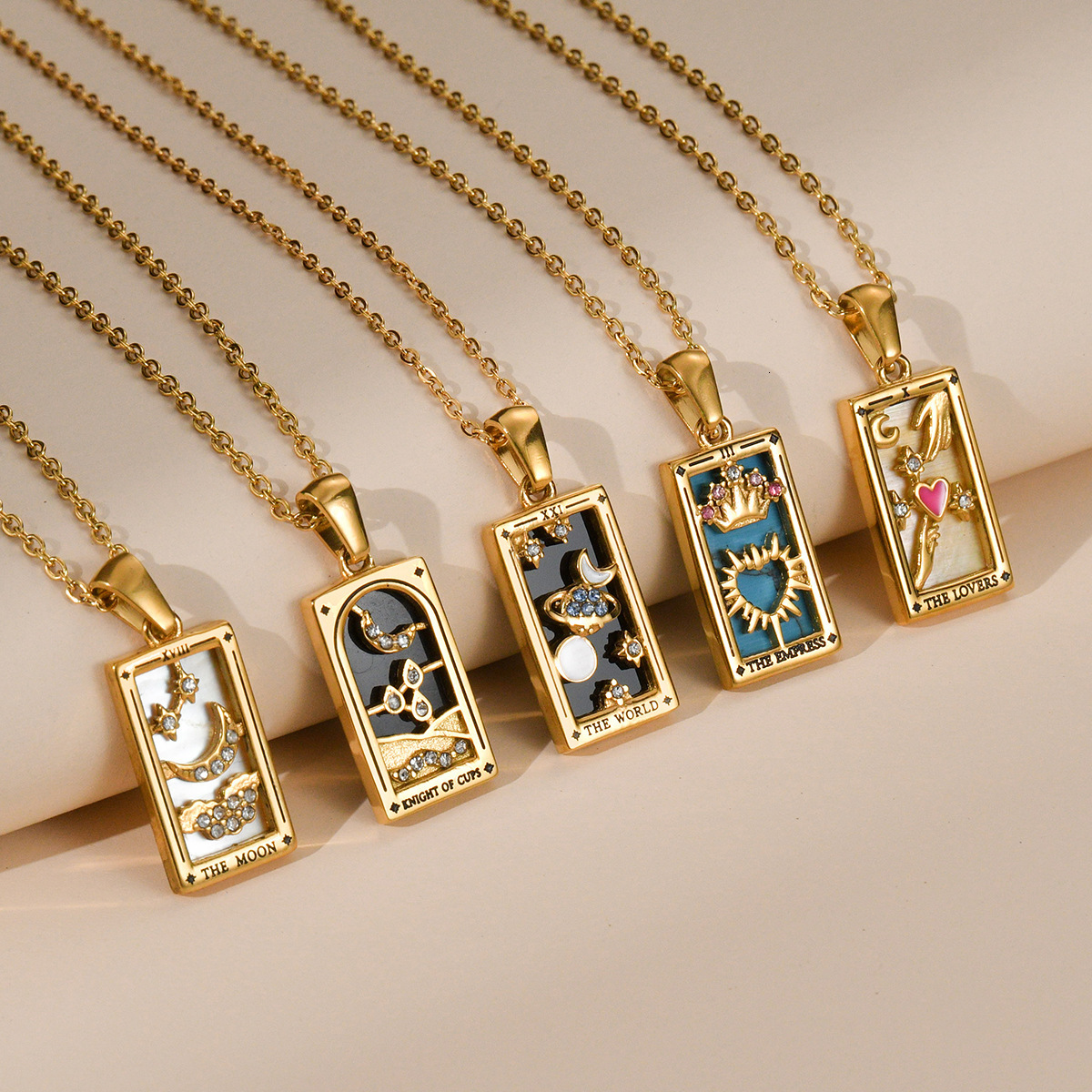 Highly praised hot item electroplated real gold tarot with dia drip oil square card stainless steel necklace