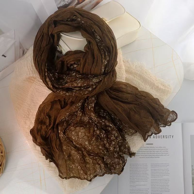 T524 natural small white flower wrinkled cotton and linen texture scarf versatile silk scarf shawl autumn and winter fashion women's neck scarf