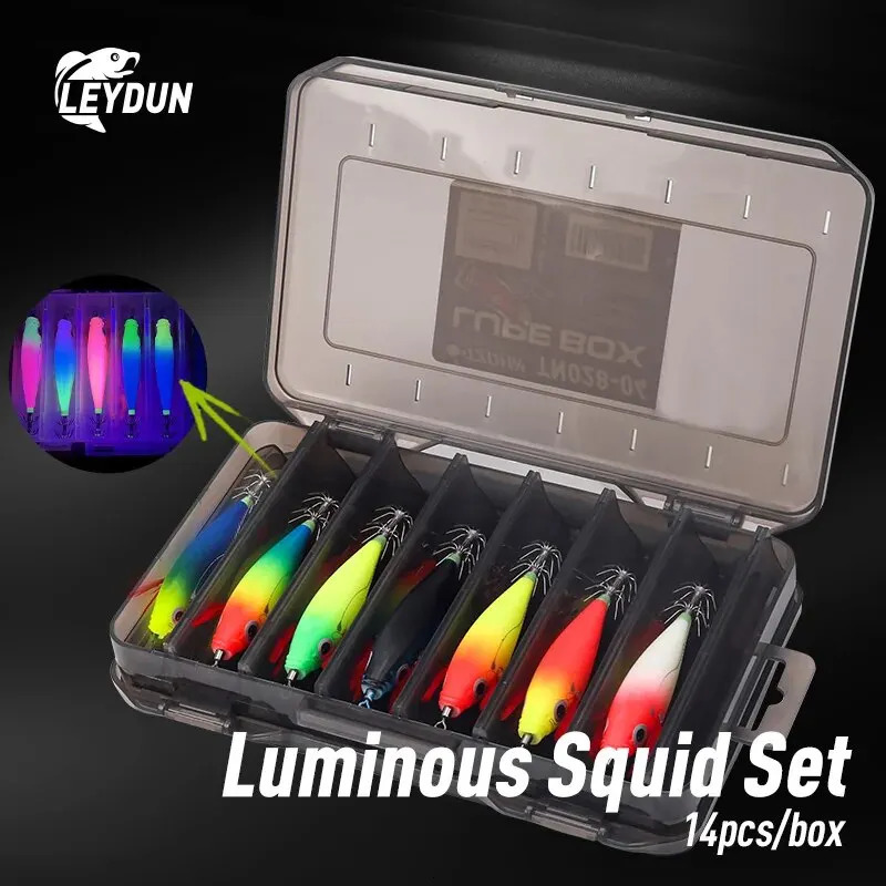 LEYDUN Luminous Horizontal Squid Fixture Wooden Shrimp Squid Hook 14 pieces/set Fishing Bait Octopus Fish Shrimp Saltwater Bait 250420