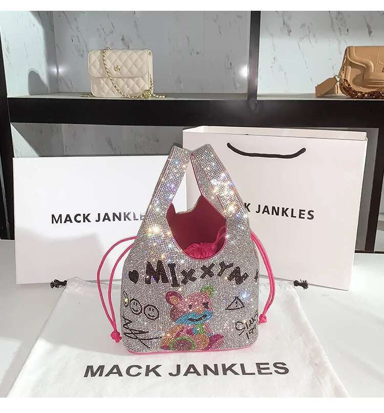 Graffiti Printing Cartoon Bear Bucket Women's Handbag Crystal Shiny Rhie Dia Evening Clutch Bag Party Bg Purse