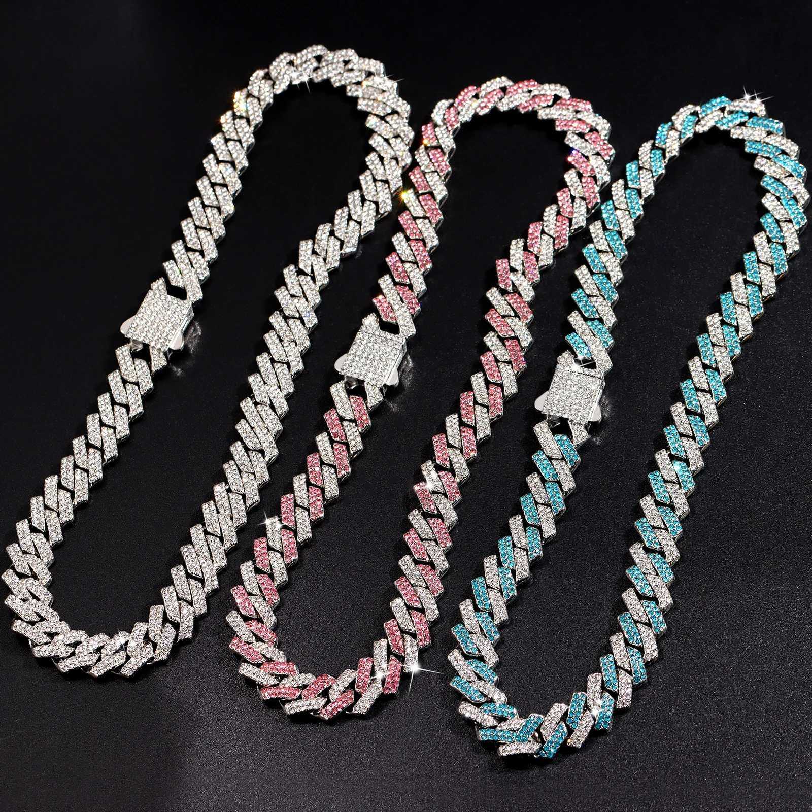 14MM Multicolor Pink Blue Iced Out Crystal Prong Cuban Chain Necklace For Women Men Bling Paved Rhinestonehip Hip Hop JewelryXJ251121