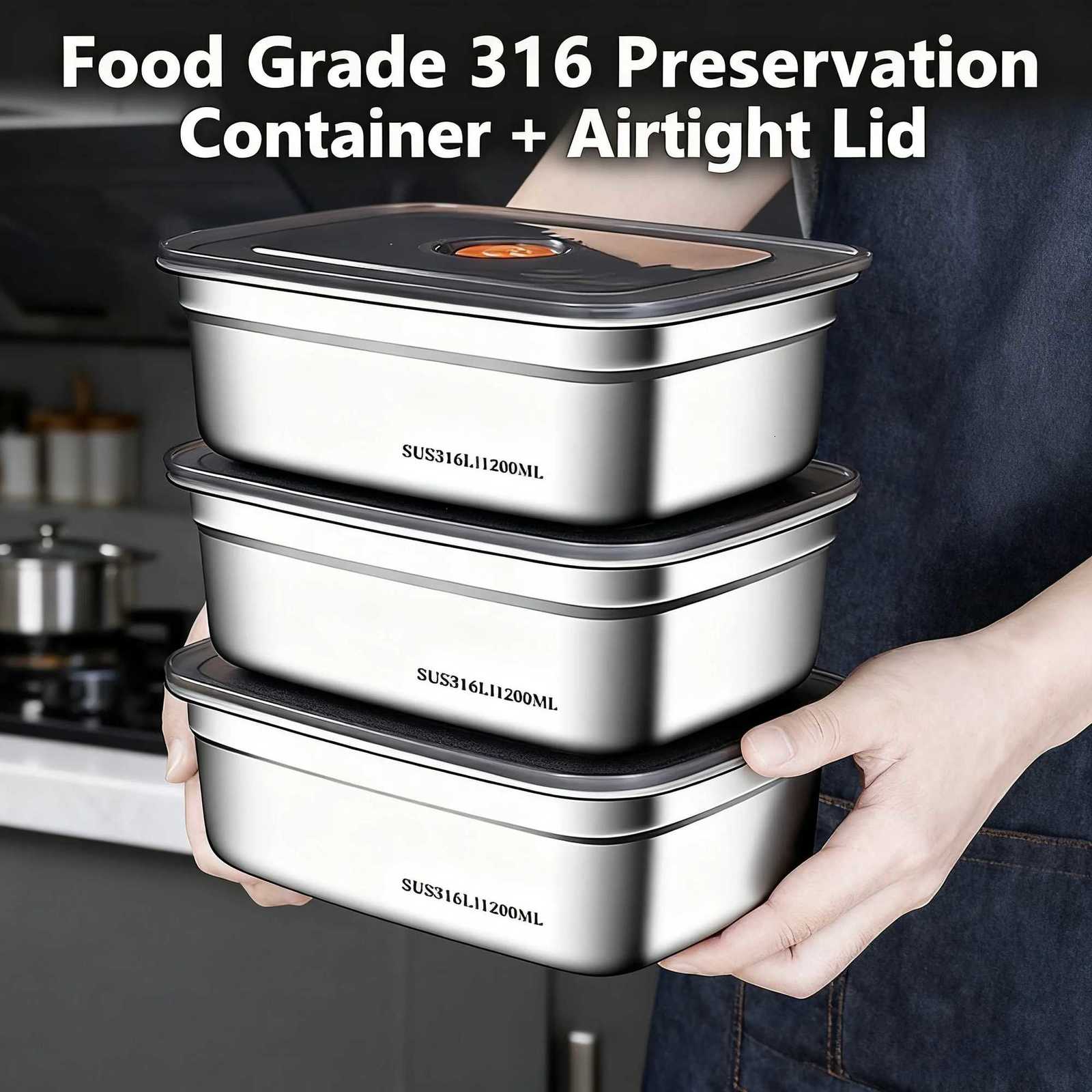 Stainless Steel Camping Lunch Box Sealed Leak-proof Bento Box Microwave Suitable Large Capacity Refrigerator Freezer Storage BoxM251121