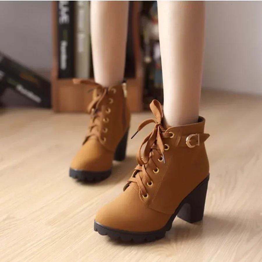 Spring Winter Women Pumps Boots High Quality Laceup European Ladies Shoes PU Heels Fast Delivery 251121