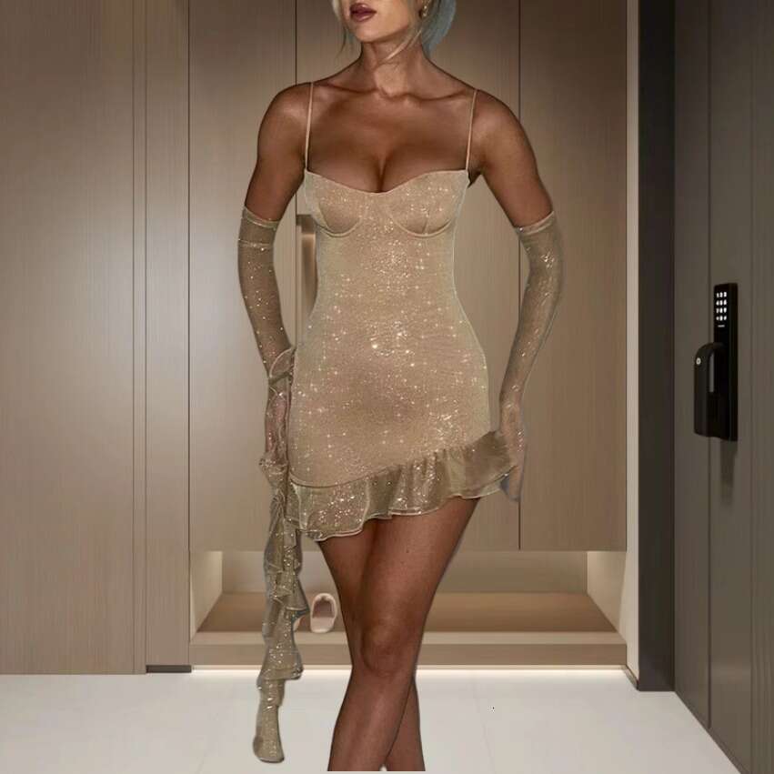 European And American Women's Strapless Mesh Silver Stamping Backless Sexy Fashion Dress