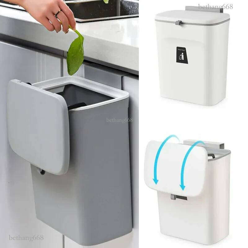 Hanging Trash Can with Lid Large Capacity Kitchen Recycling Garbage Basket Cabinet Door Bathroom Wall Mounted Trash Bin Dustbin 240809