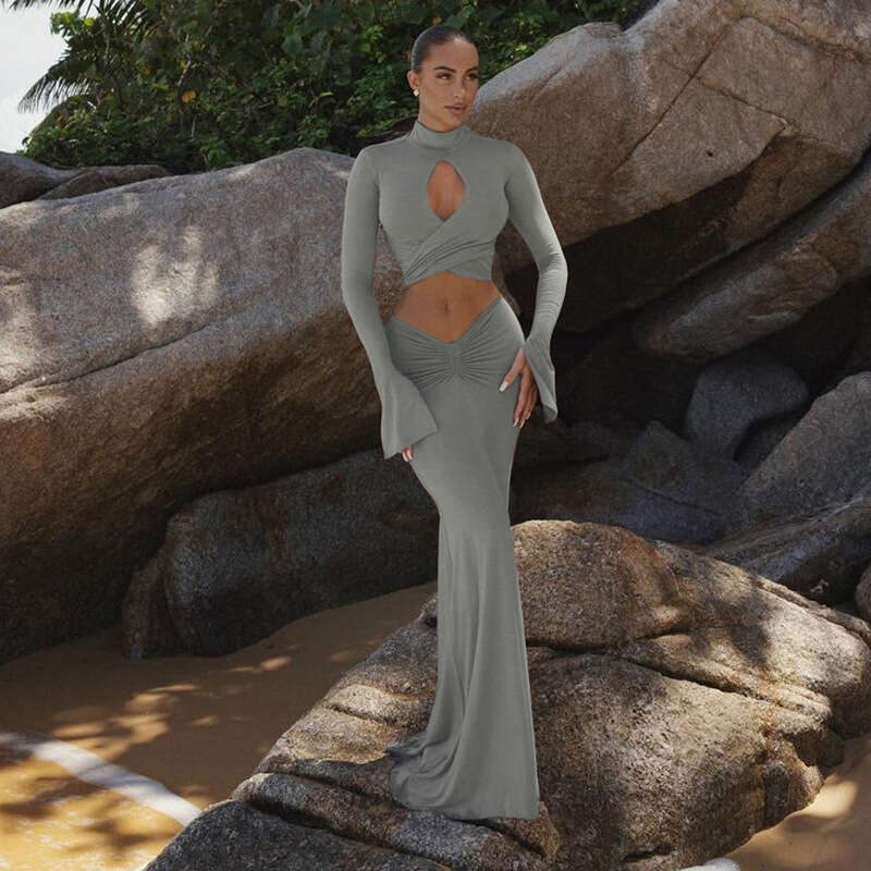 hoodie Women's Wear Wind Winter New Women's Fashion Half High Collar Sexy Hollow Sleeve Top With Hip Wrapping Long Skirt Set jacket