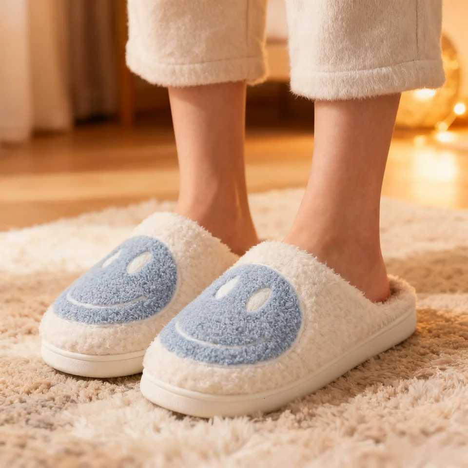 Kids Slippers Smiling Face Fluffy Winter Shoes For Children Anti-slip Thick Bottom Home Slipper Keep Warm Pink Blue Size 36-41W251121
